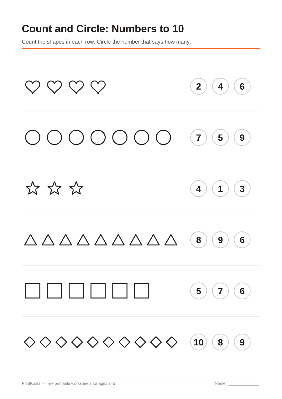 Preview of the Count and Circle: Numbers to 10 printable worksheet