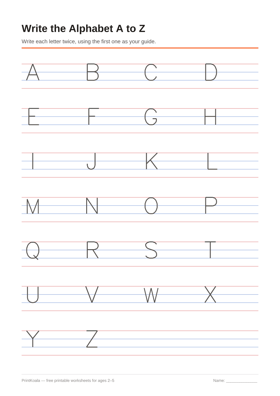 Preview of the Write the Alphabet A to Z printable worksheet
